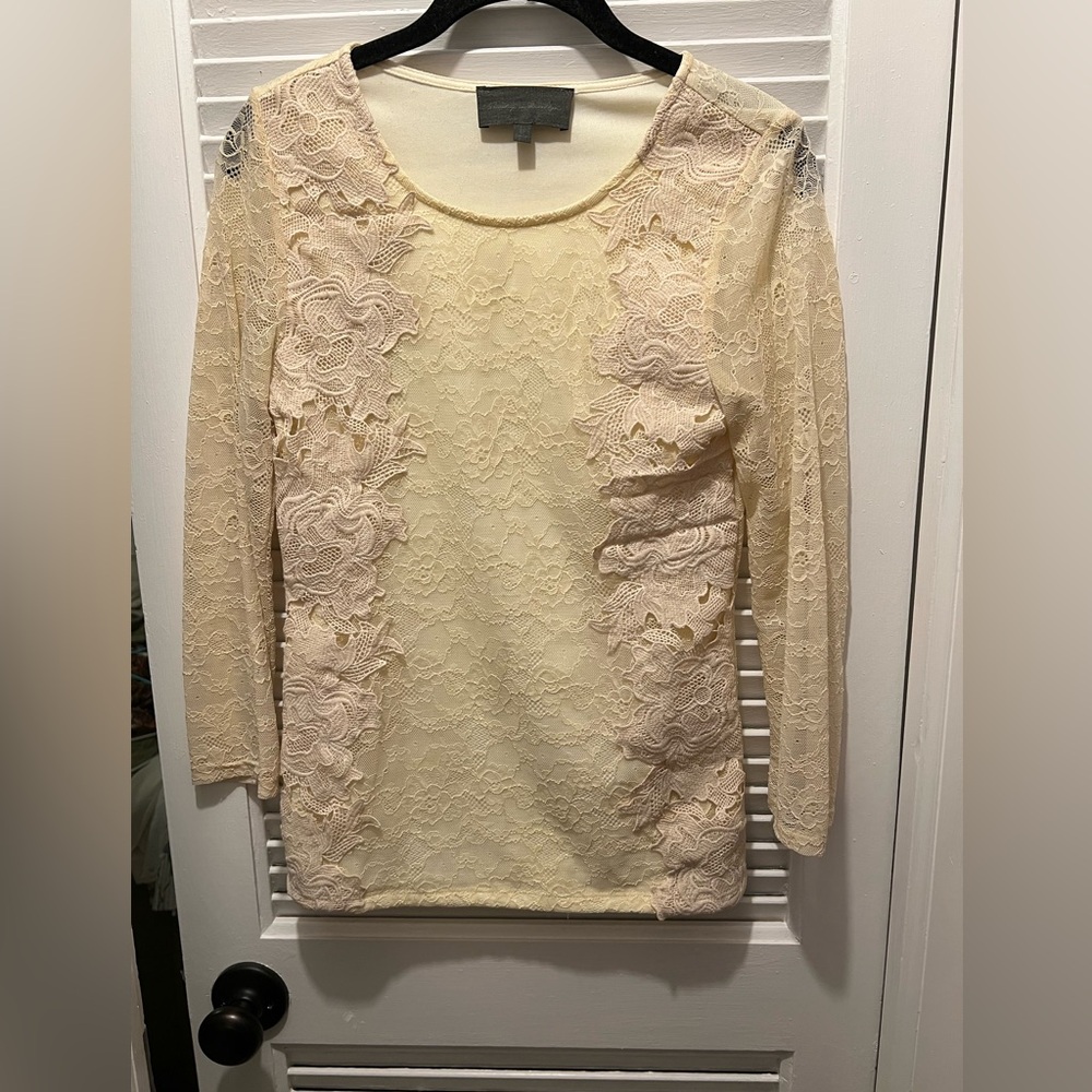 Anthropologie Cream 3/4 Sleeve Blouse with Lace Overlay
